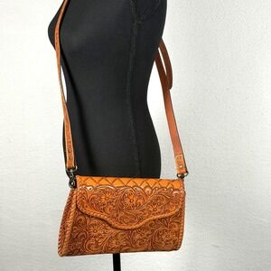 American Darling Tan Tooled Leather Floral Crossbody Bag Western Boho Whipstitch